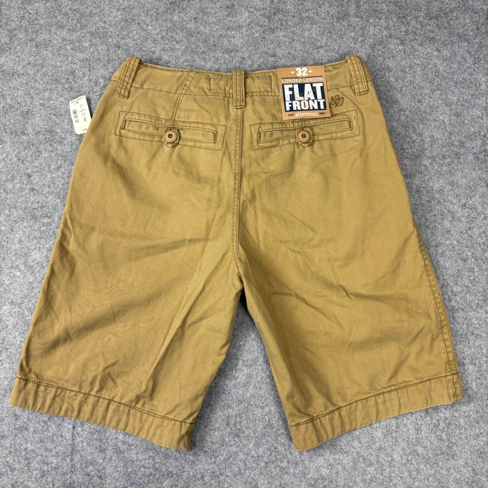 Aeropostale Mens Flat Front Longer Length Chino Shorts Khaki Tan Size 32 NWT